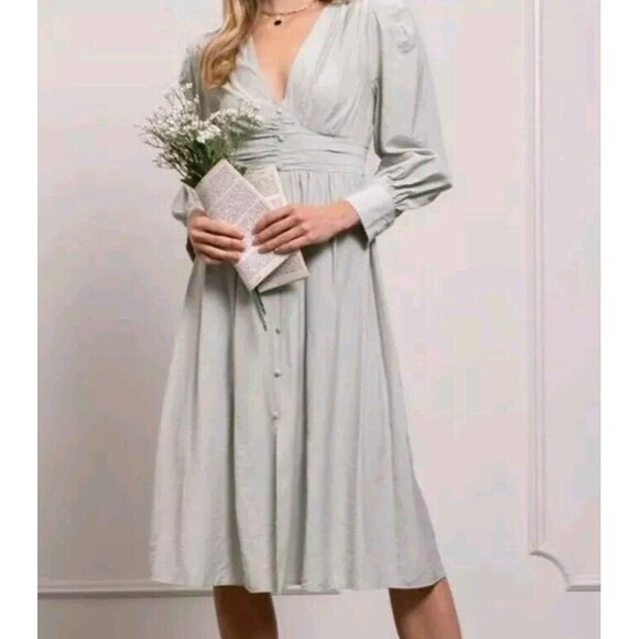 By The River Muted Mint Green Silver Accent LongSleeve Midi Dress Peasant Boho M - Picture 1 of 16